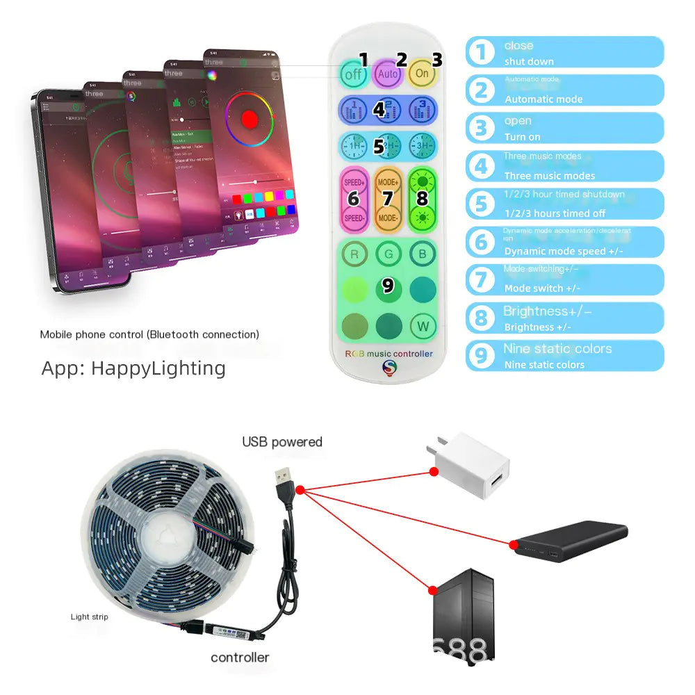 Colorful LED Ambient Light Strip with Bluetooth and App